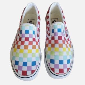 Vans Asher Canvas Slip On Sneakers Sz 8 White Rainbow Checkerboard